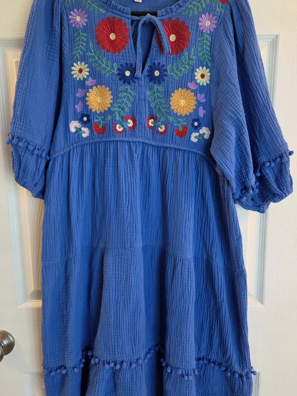 Umgee Blue Embroidered Floral Tiered Dress